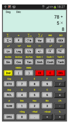 Copie d'cran de l'application "Calculatrice scientifique"